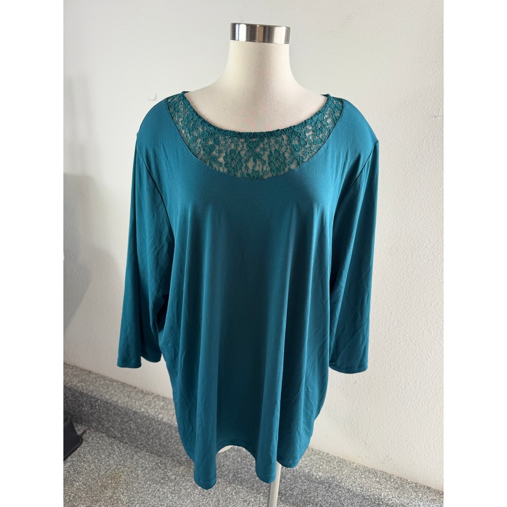 NEW Catherines Womens Plus 2X Jade Green Lace Yoke 3/4 Sleeve Knit Top Blouse